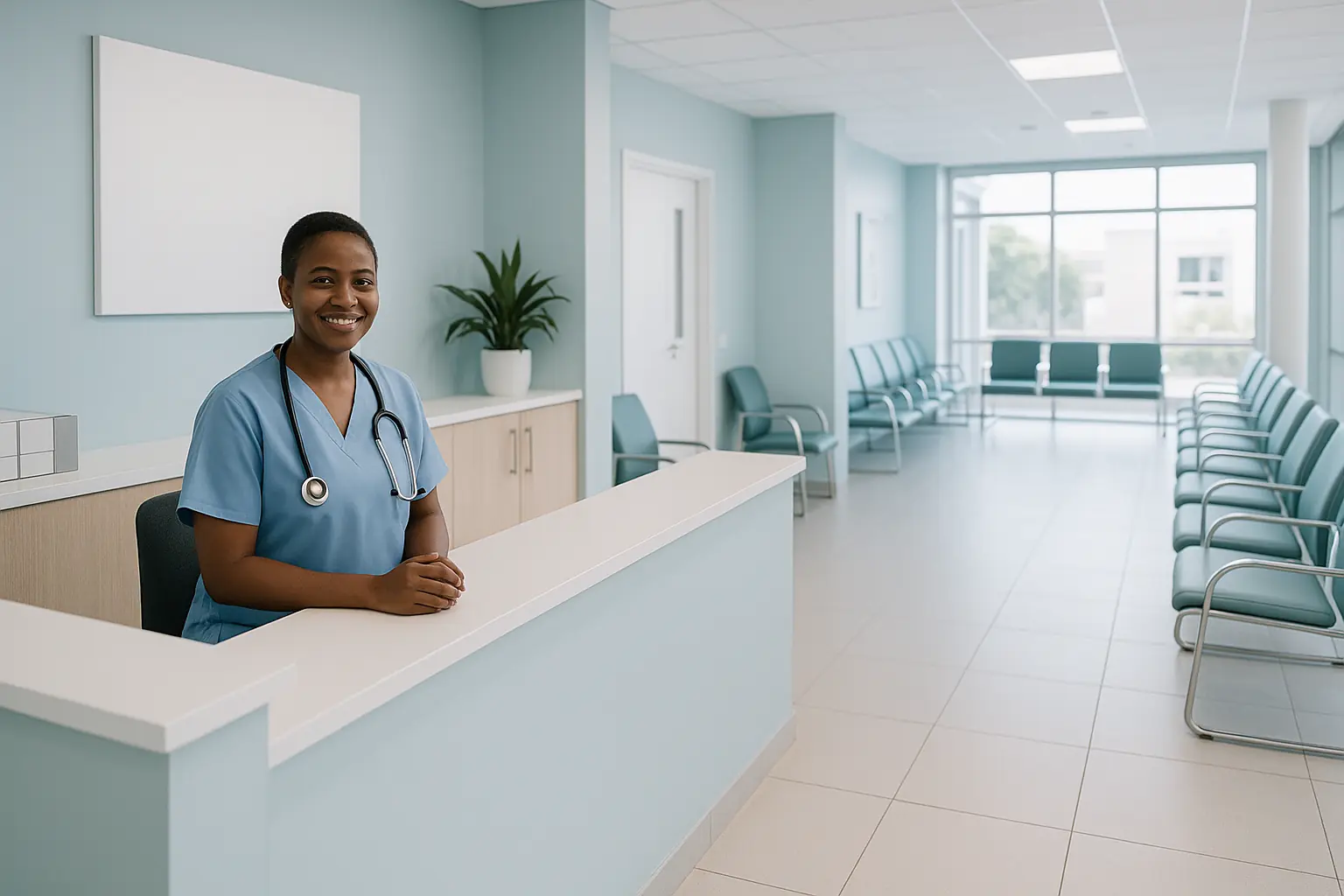 A calm, modern community health clinic reception with a nearly empty waiting area