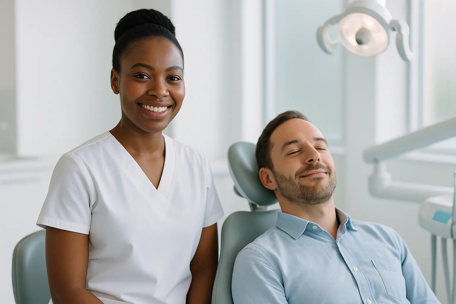 A dentist smiling next to a relaxed patient in a modern dental practice