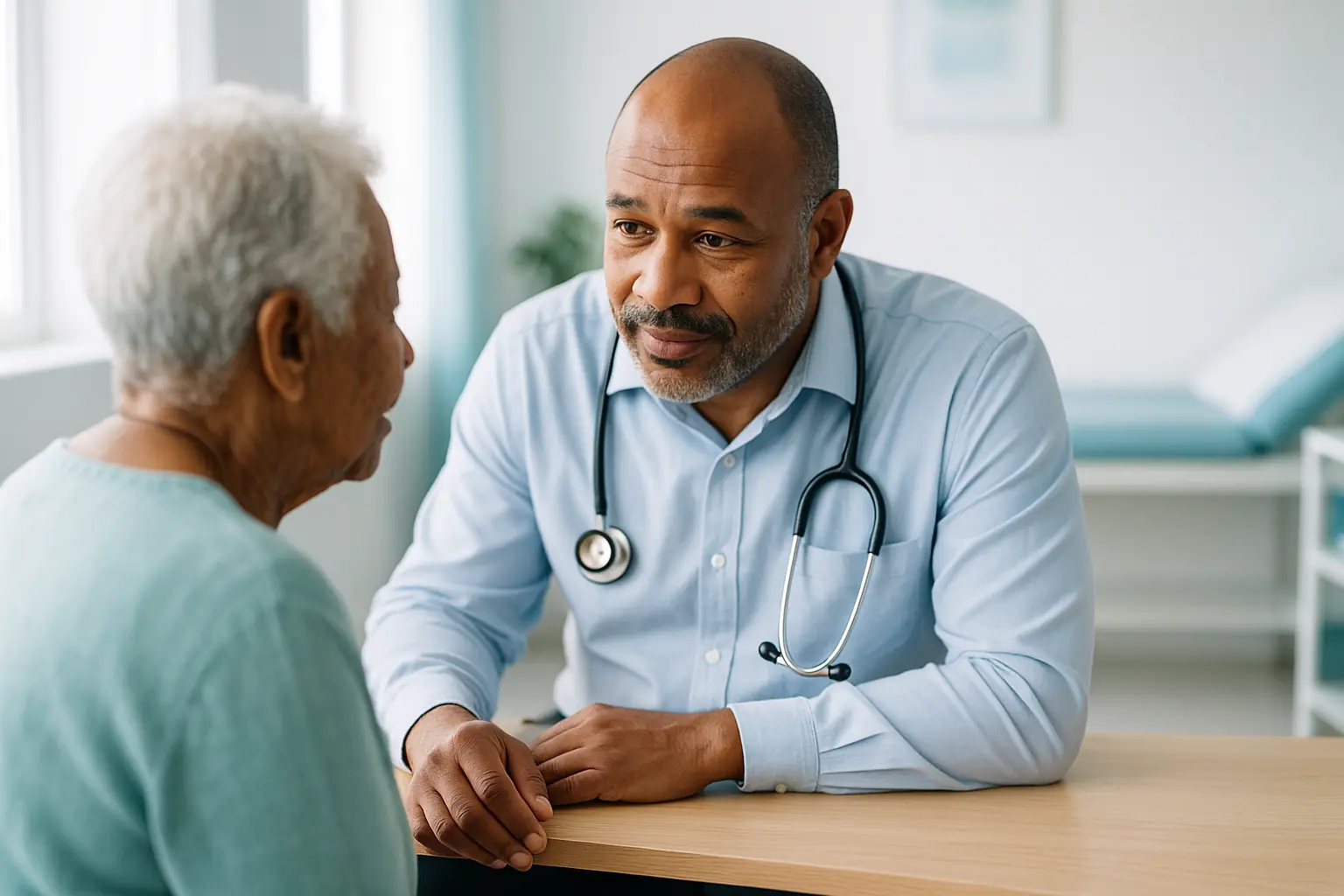 A GP listening attentively to an elderly patient in a bright consulting room