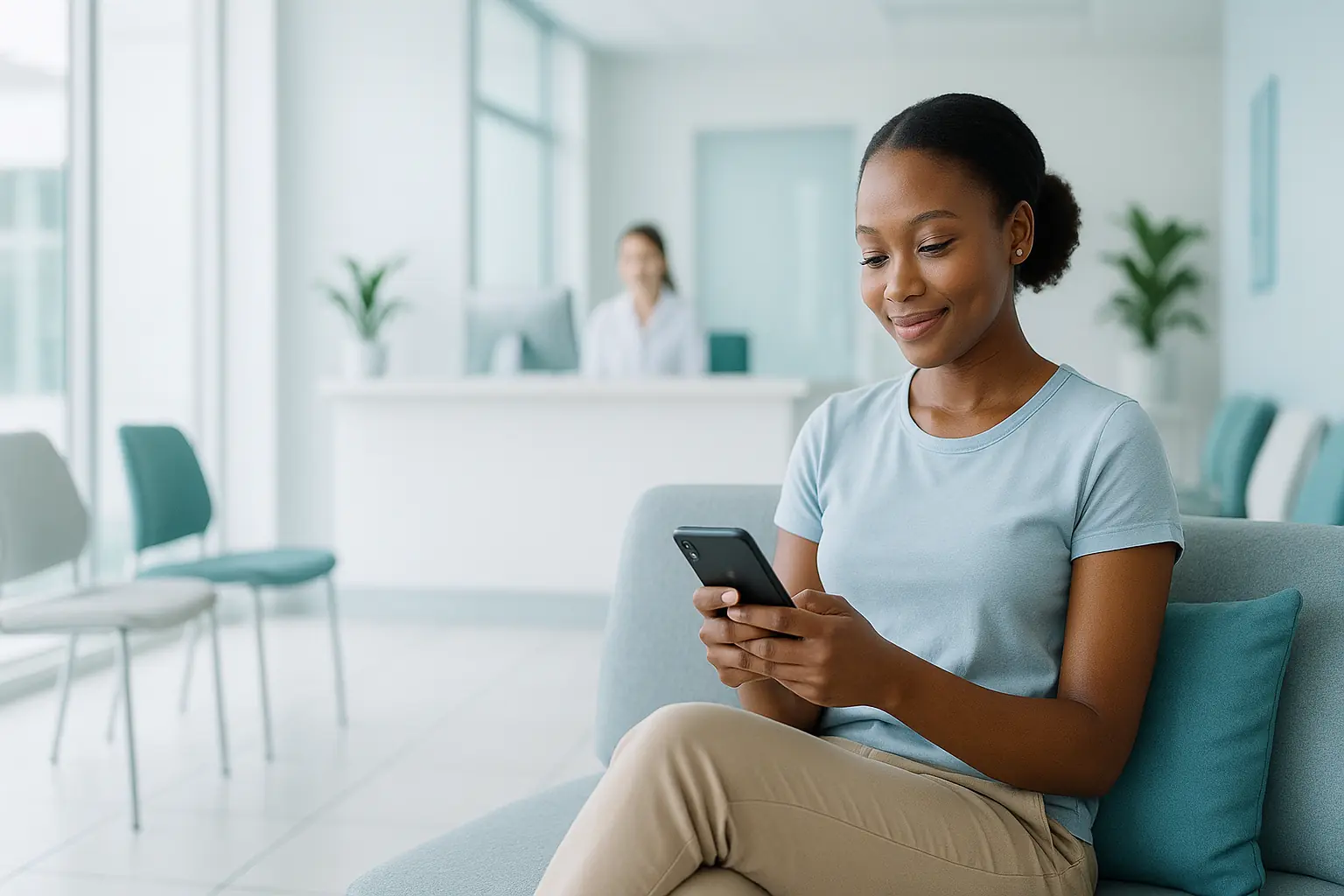 A relaxed patient checking her phone in a bright, modern clinic reception